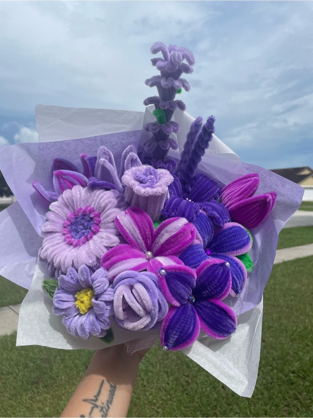 Handmade purple pipe cleaner flower bouquet - one dozen